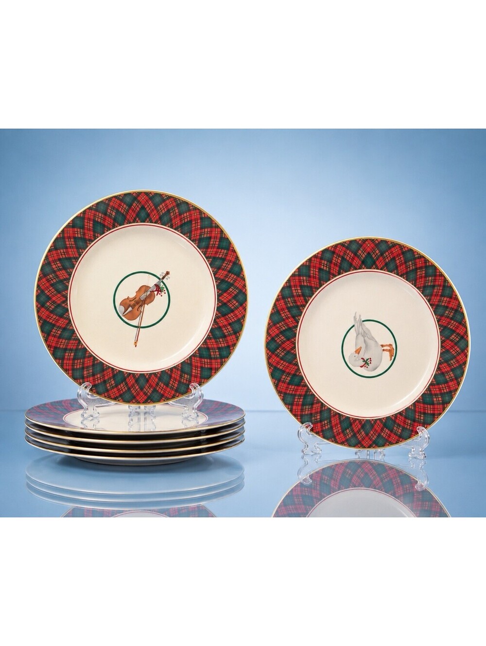 Arita Japan 1980s Set Of 5 Salad Plates Tartan Plaid Violin Goose, 7.75”